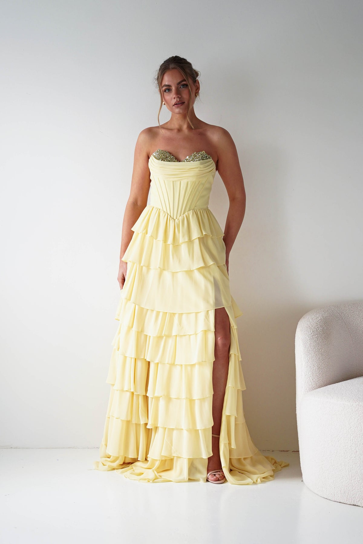 Maddie Ruffle Tiered Sweetheart Gown | Yellow-Oh Hello Clothing