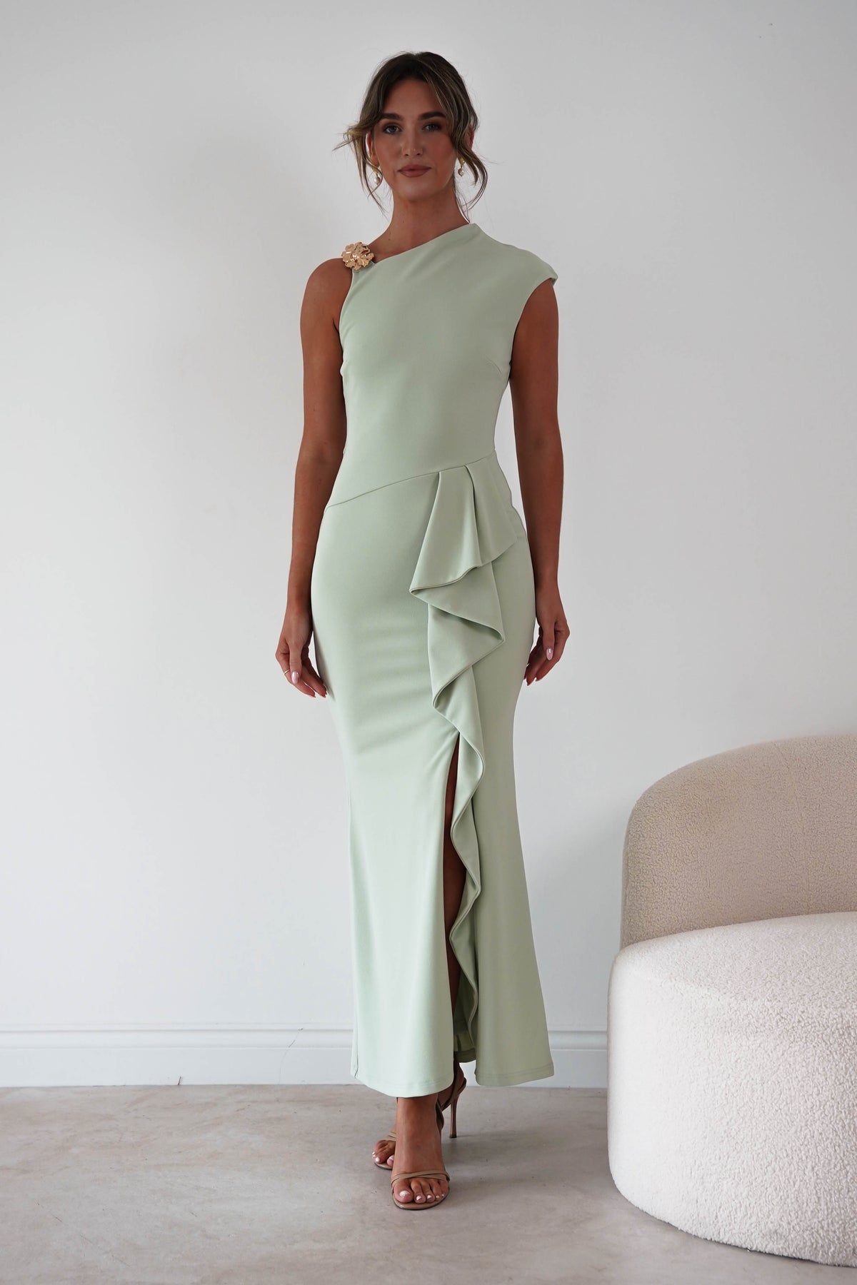 Madina Ruffle Bodycon Maxi Dress | Pistachio Green-Oh Hello Clothing