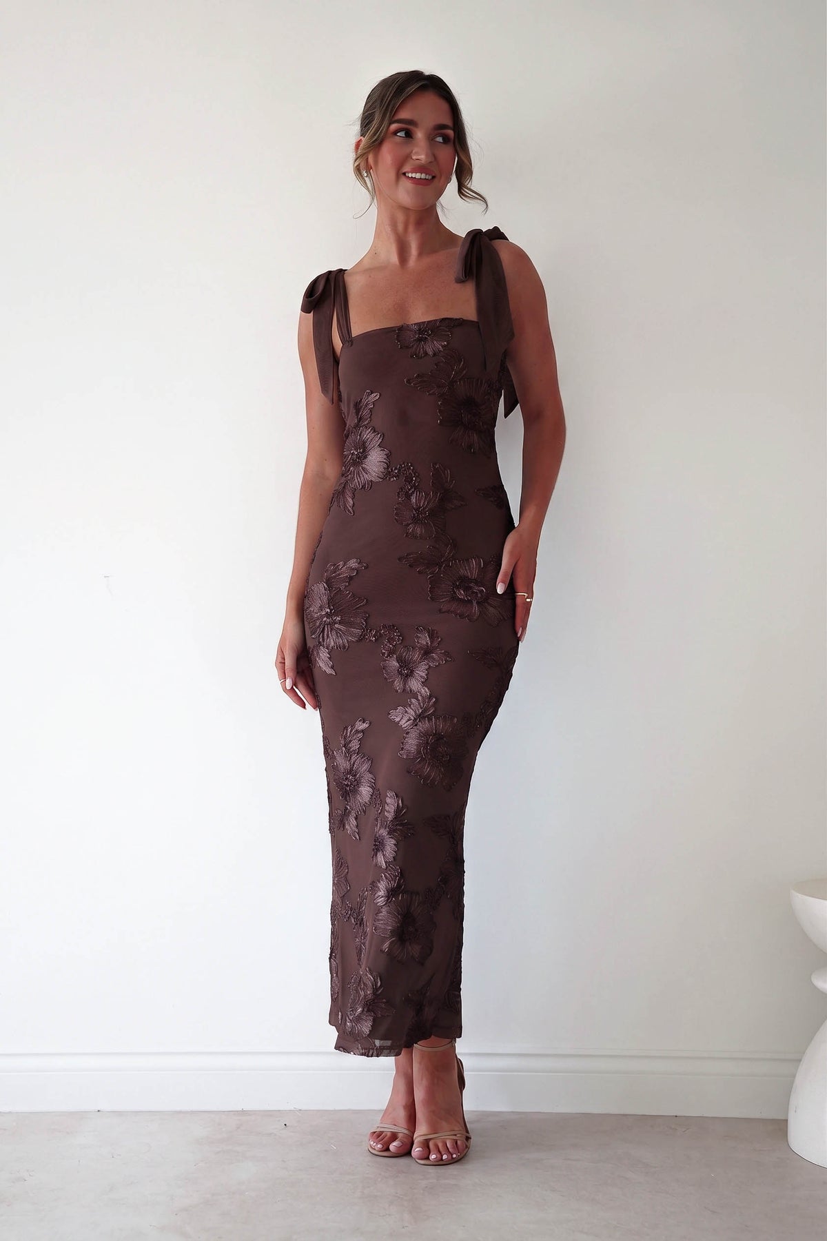Mahalia Floral Appliqué Maxi Dress | Brown-Oh Hello Clothing