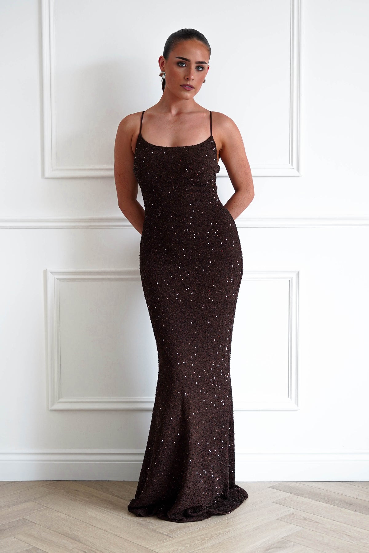 Maria Sequin Bodycon Maxi Gown | Brown-Oh Hello Clothing