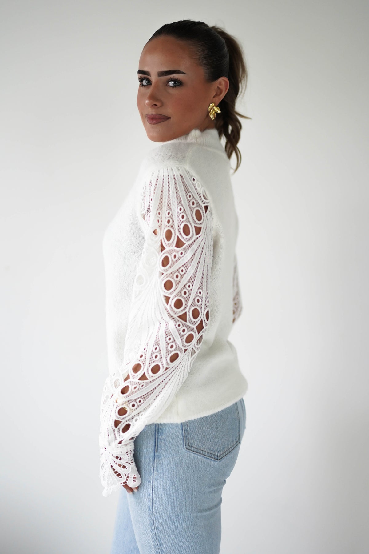 Marie Lace Sleeve Knit Jumper | White-Oh Hello Clothing