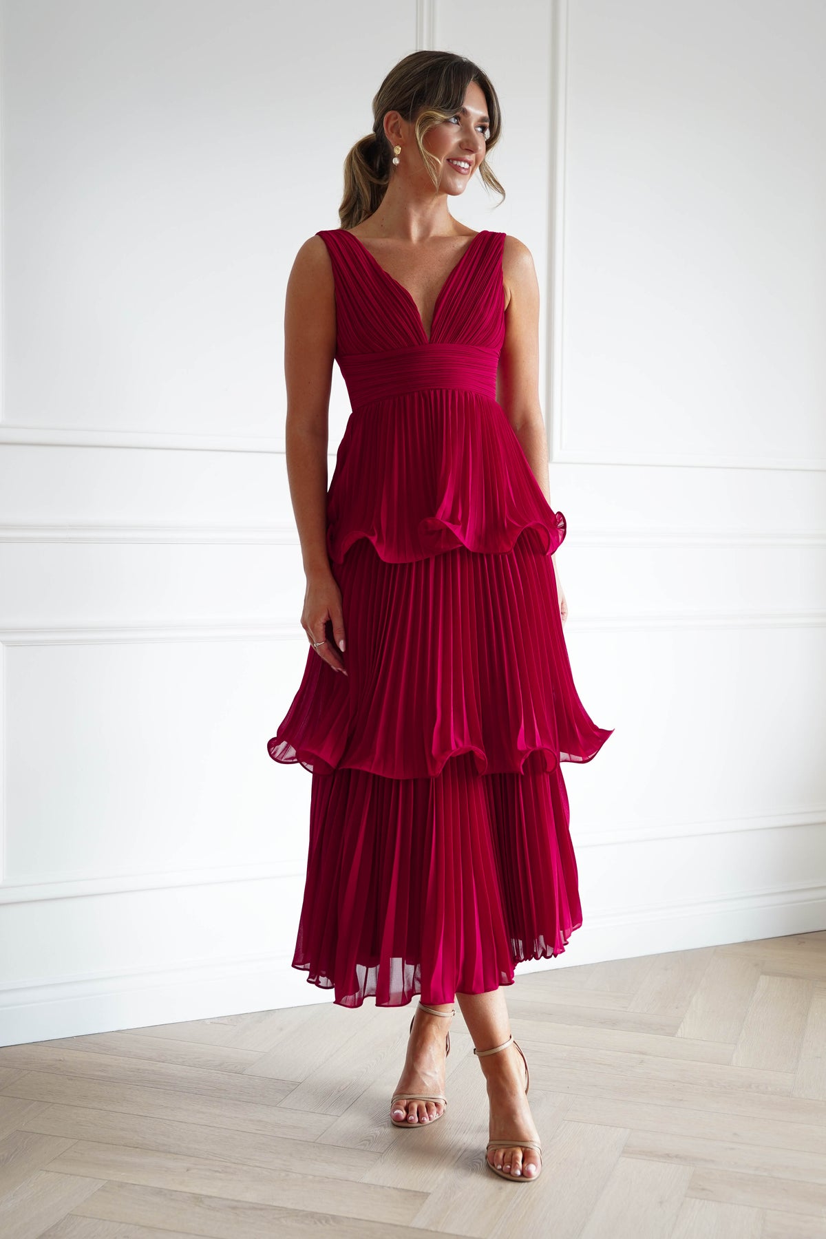 Marielle Pleated Tiered Midi Dress | Red-Oh Hello Clothing