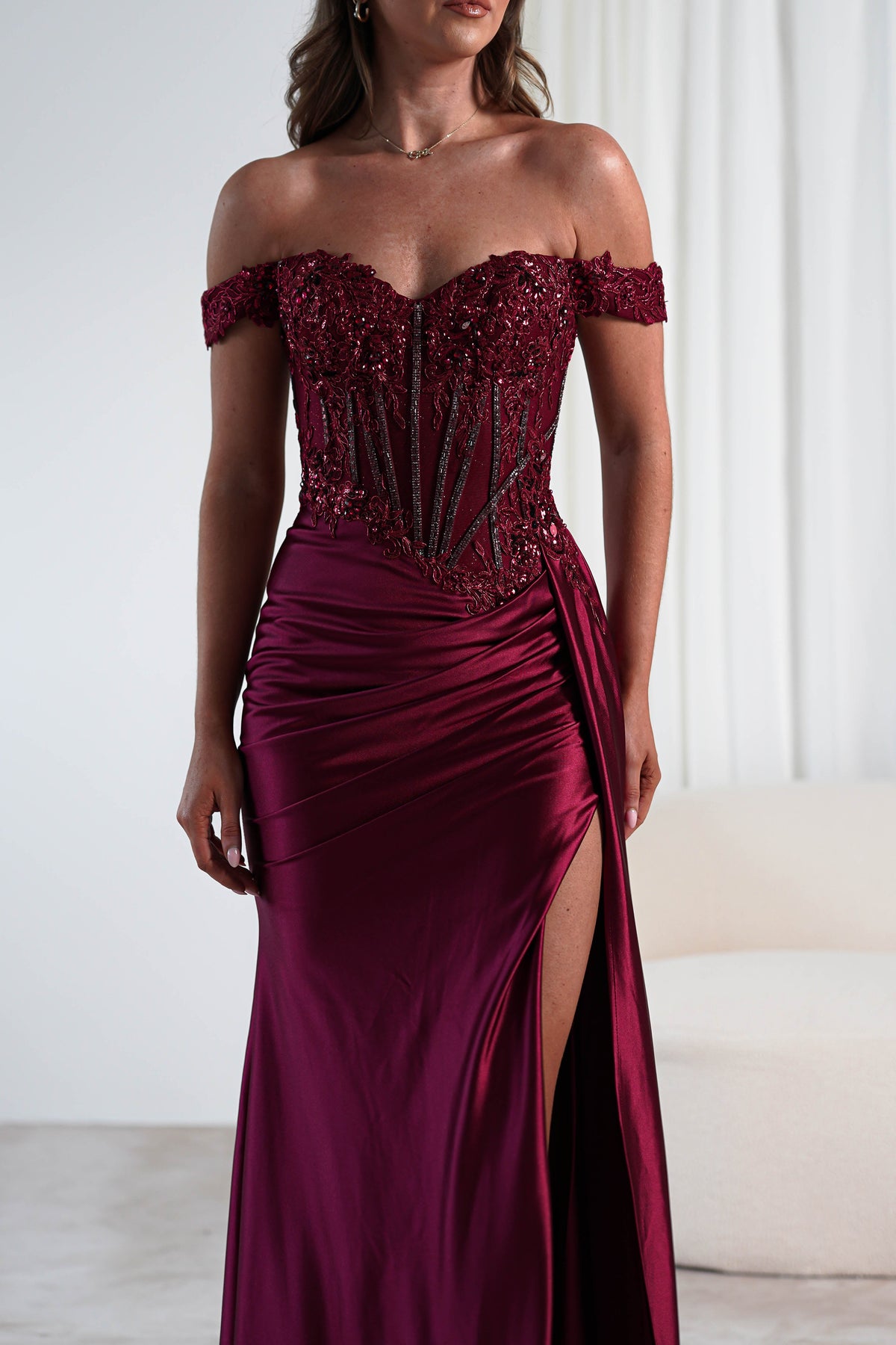 Marsela Lace Bodice Gown | Burgundy-Oh Hello Clothing