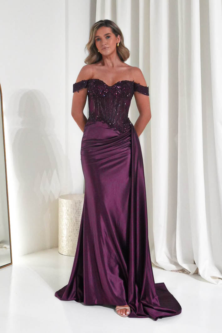 Marsela Lace Bodice Gown | Eggplant-Oh Hello Clothing