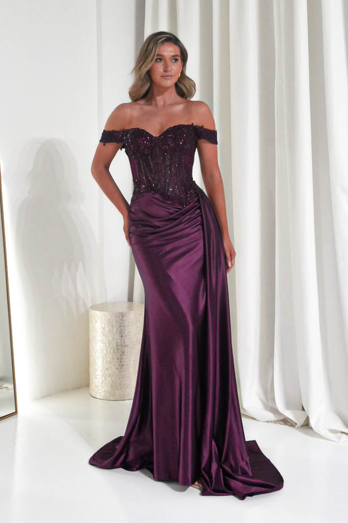 Marsela Lace Bodice Gown | Eggplant-Oh Hello Clothing
