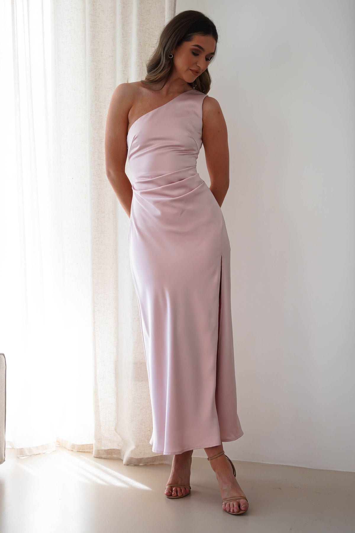 Meera Soft Matte Satin Midaxi Dress | Blush Pink-Oh Hello Clothing
