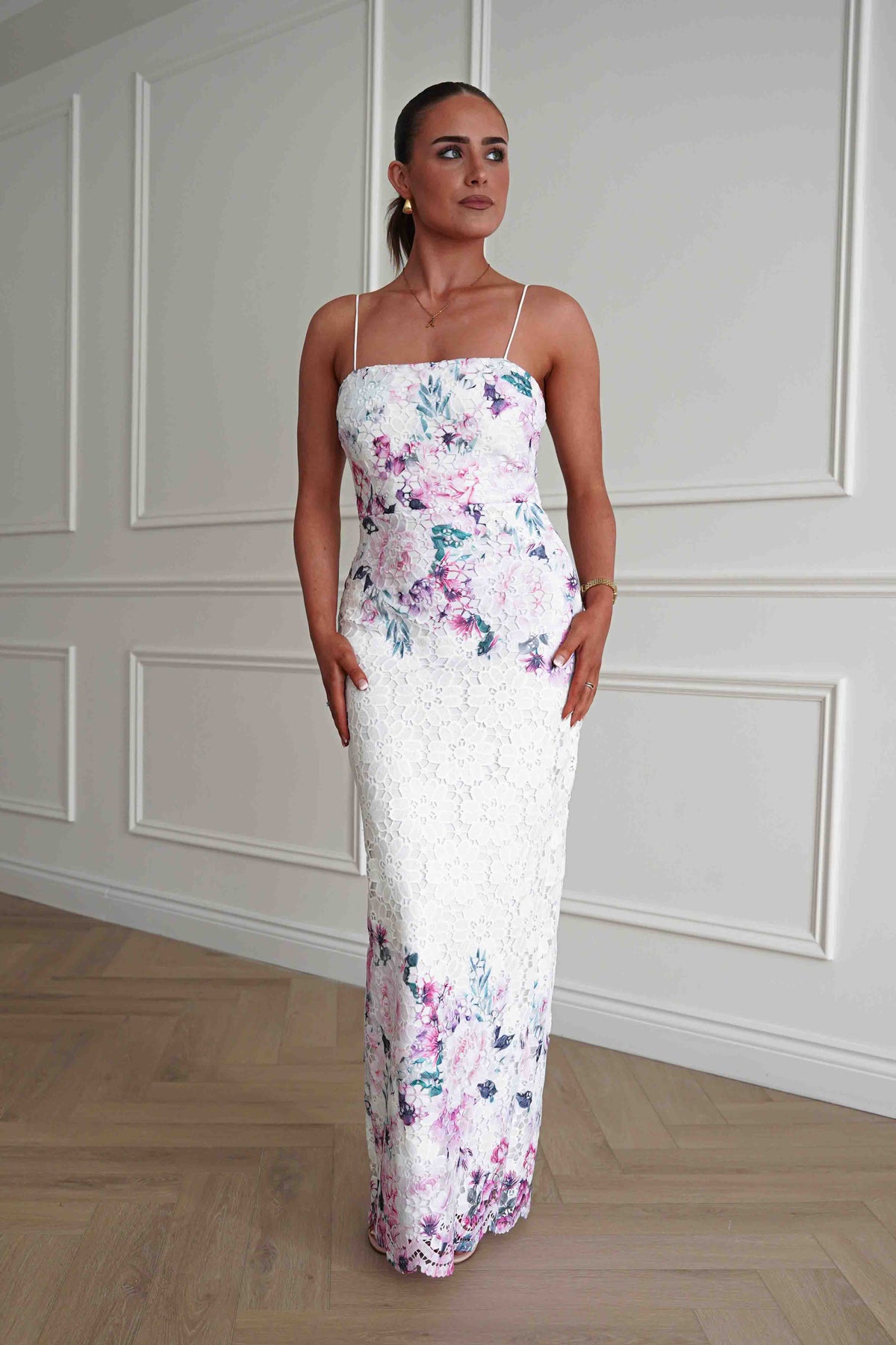 Melanie Floral Lace Midaxi Dress | White/Pink-Oh Hello Clothing