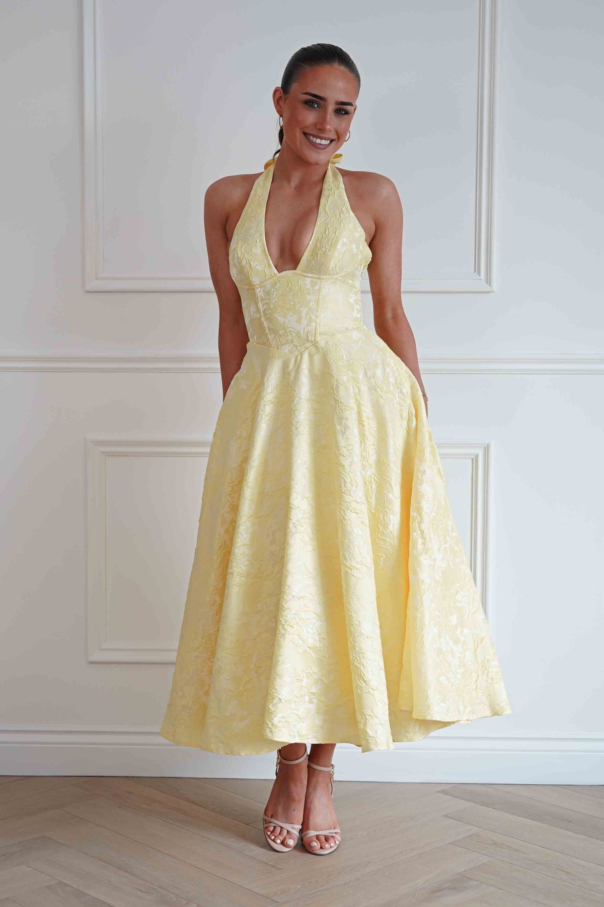 Mila Jacquard Plunge Midi Dress | Yellow-Oh Hello Clothing