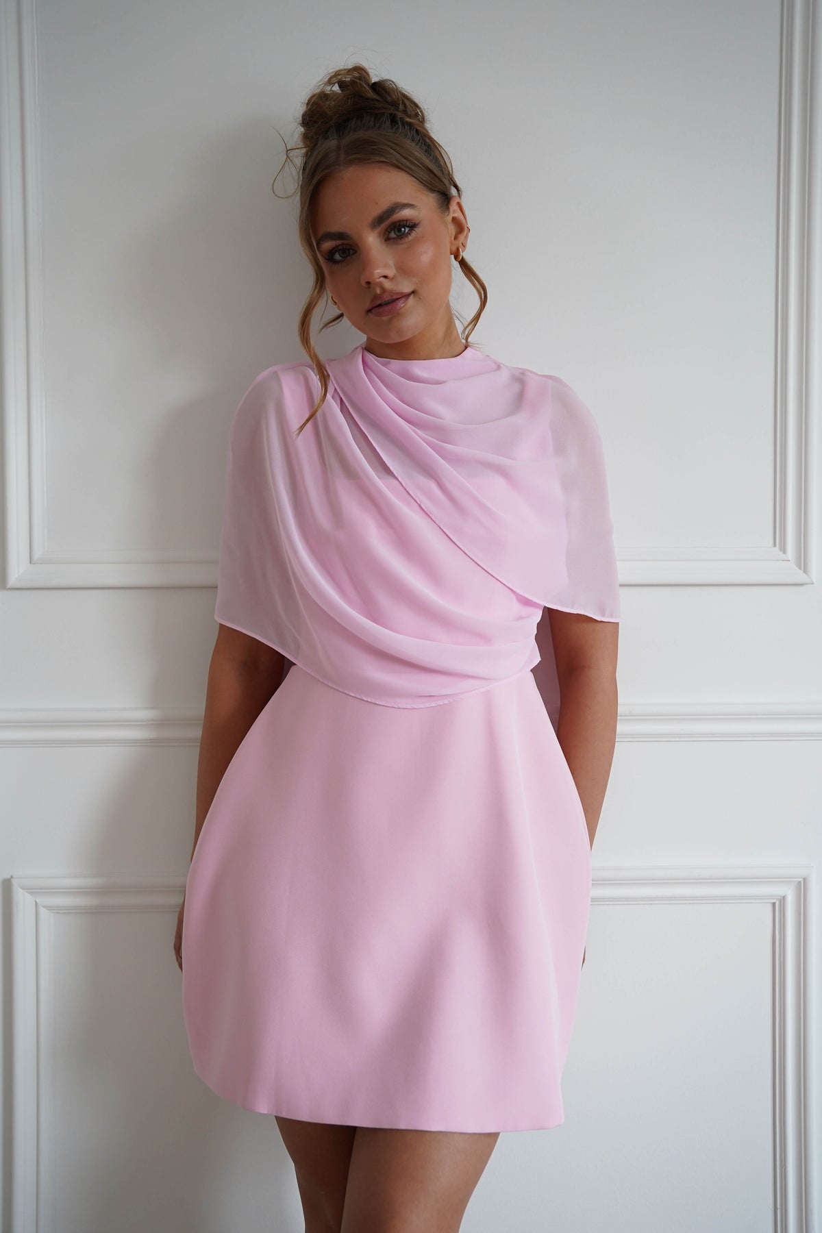 Millie Structured Chiffon Cape Mini Dress | Pink-Oh Hello Clothing