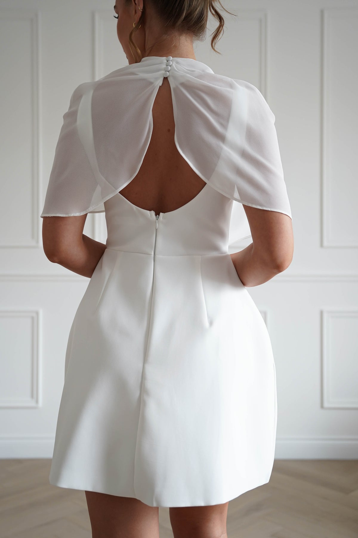 Millie Structured Chiffon Cape Mini Dress | White-Oh Hello Clothing