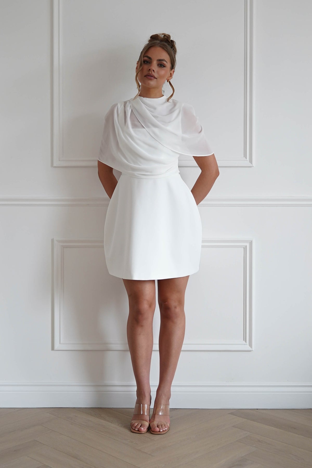 Millie Structured Chiffon Cape Mini Dress | White-Oh Hello Clothing