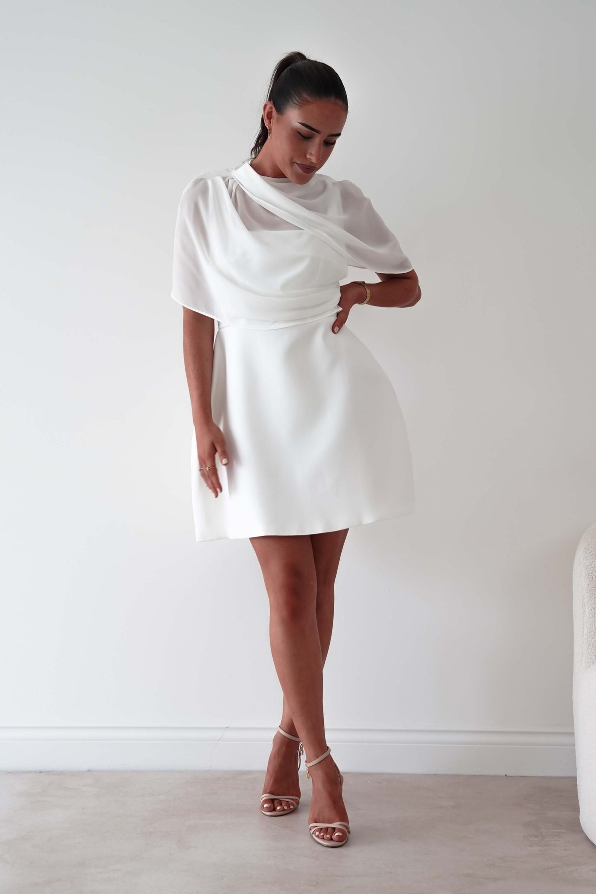 Millie Structured Chiffon Cape Mini Dress | White-Oh Hello Clothing