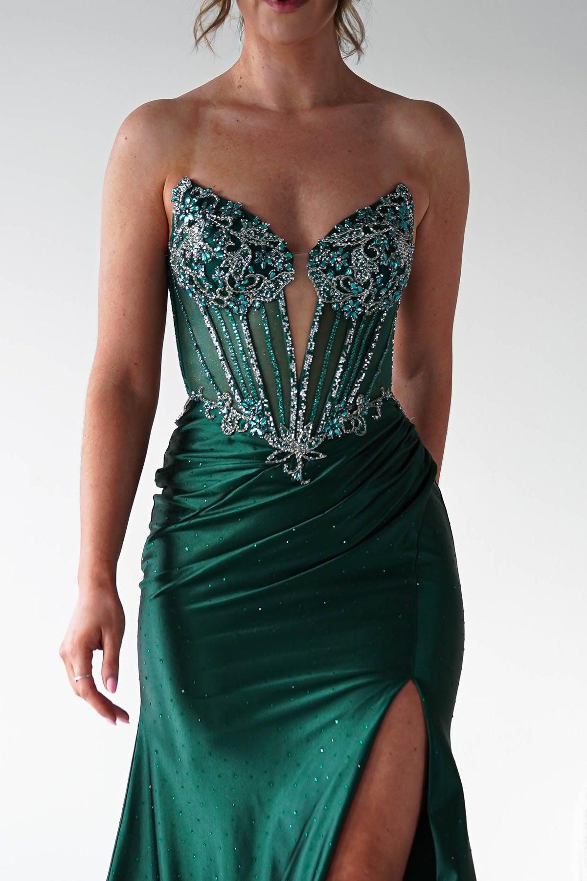 Monaco Rhinestone Strapless Gown | Emerald Green-Oh Hello Clothing
