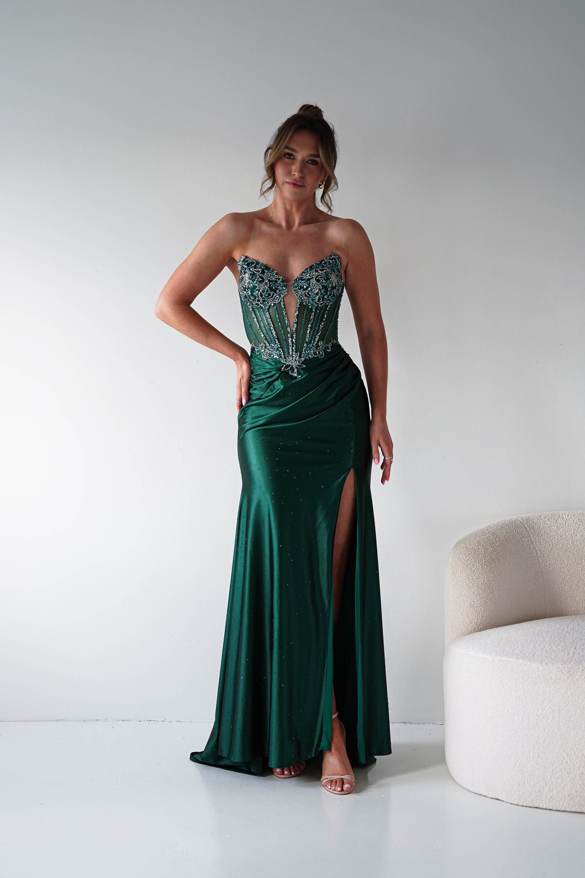 Monaco Rhinestone Strapless Gown | Emerald Green-Oh Hello Clothing