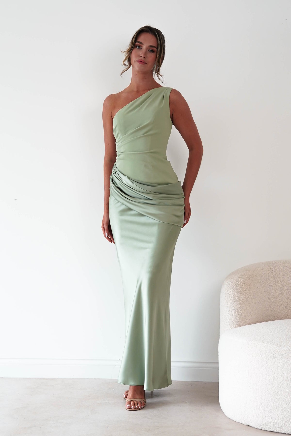 Nadalia One Shoulder Satin Maxi Dress | Sage-Oh Hello Clothing