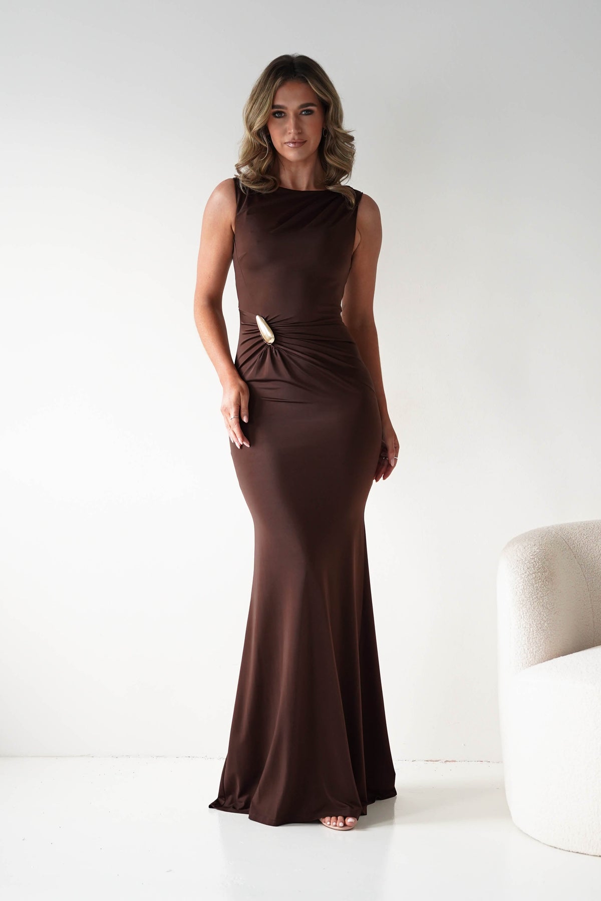 Nadiane Bodycon Gold Detail Maxi Dress | Brown-Oh Hello Clothing