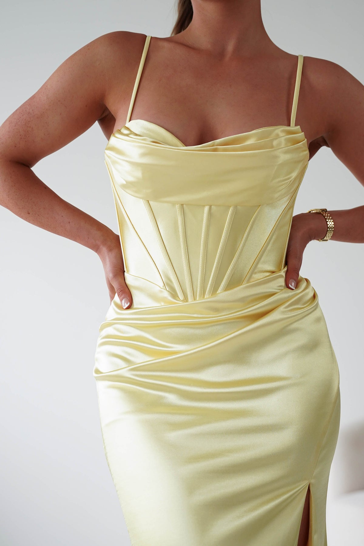 Naida Draped Corset Satin Maxi Dress | Yellow-Oh Hello Clothing