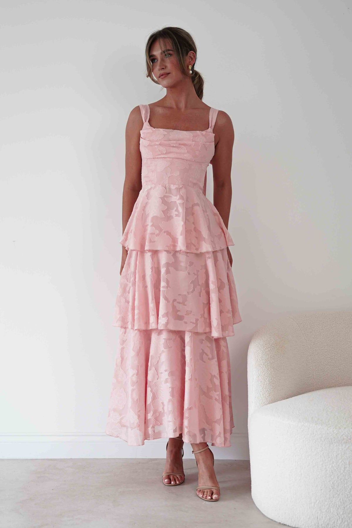 Niama Floral Jacquard Tiered Maxi Dress | Blush-Oh Hello Clothing