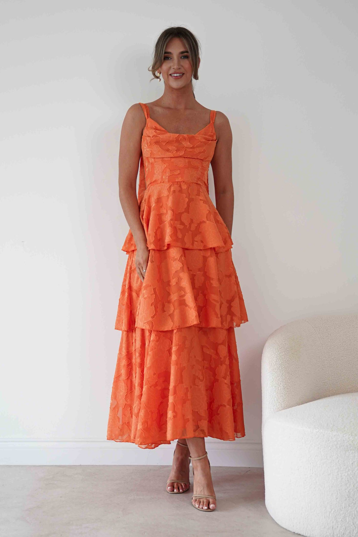 Niama Floral Jacquard Tiered Maxi Dress | Orange-Oh Hello Clothing