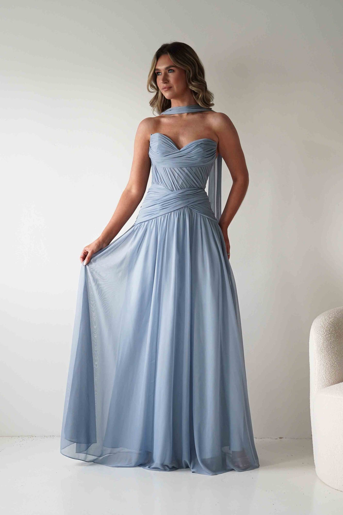 Nicolette Strapless Chiffon Maxi Gown | Dusty Blue-Oh Hello Clothing