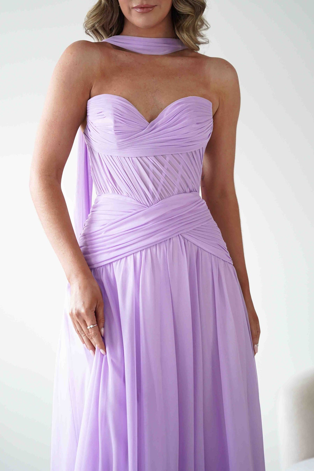Nicolette Strapless Chiffon Maxi Gown | Lavender-Oh Hello Clothing