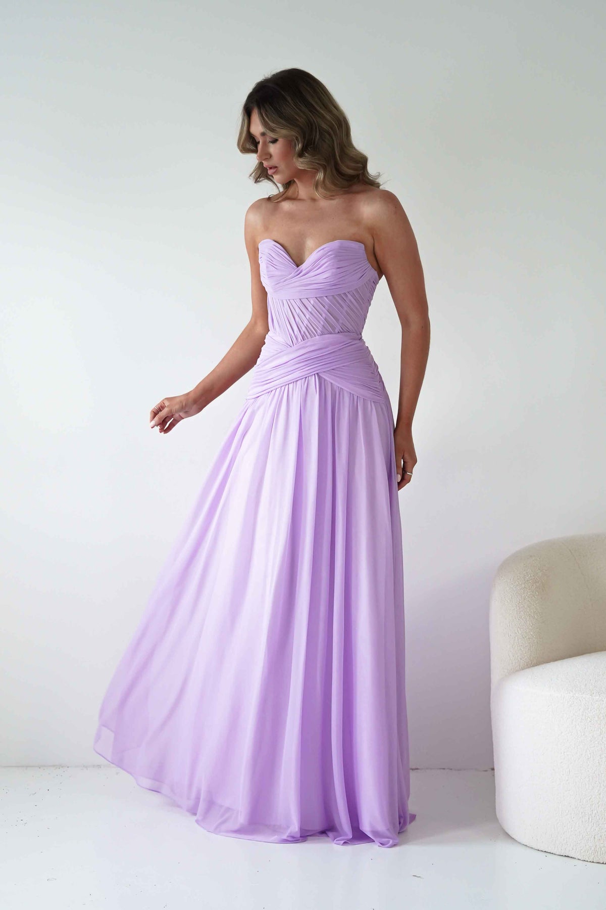 Nicolette Strapless Chiffon Maxi Gown | Lavender-Oh Hello Clothing
