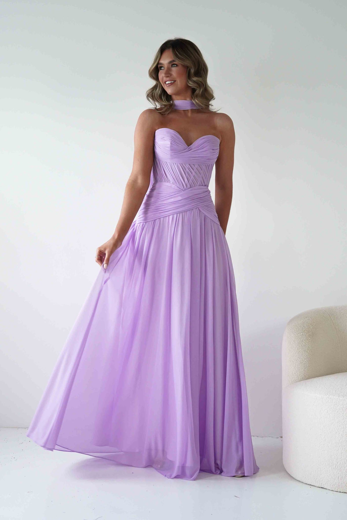 Nicolette Strapless Chiffon Maxi Gown | Lavender-Oh Hello Clothing