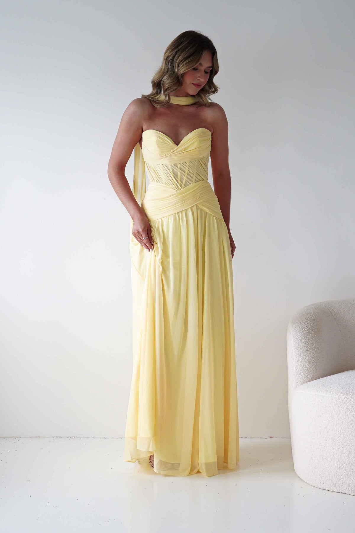 Nicolette Strapless Chiffon Maxi Gown | Yellow-Oh Hello Clothing