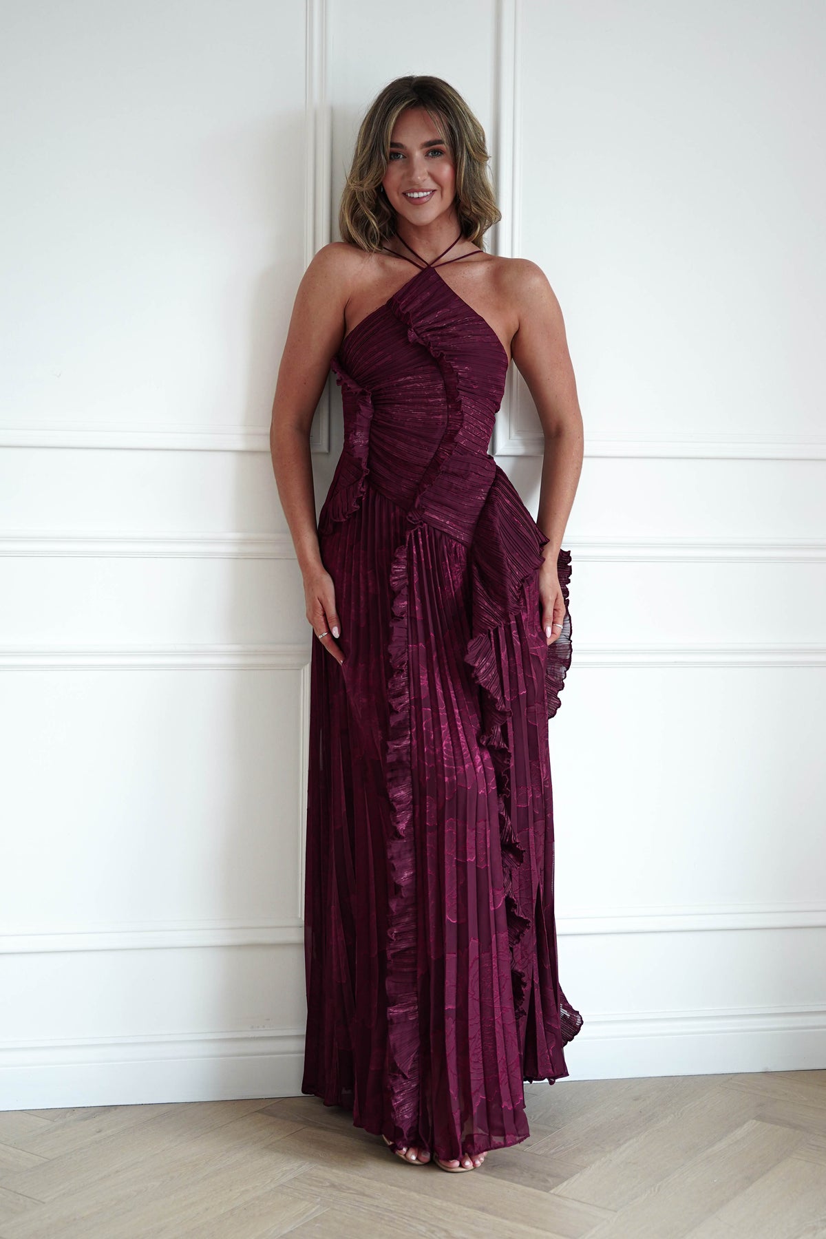 Oaklyn Floral Textured Ruffle Pleated Maxi Dress | Wine-Oh Hello Clothing