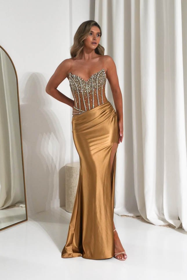 Paloma Crystal Embellished Sheer Corset Gown | Bronze-Oh Hello Clothing