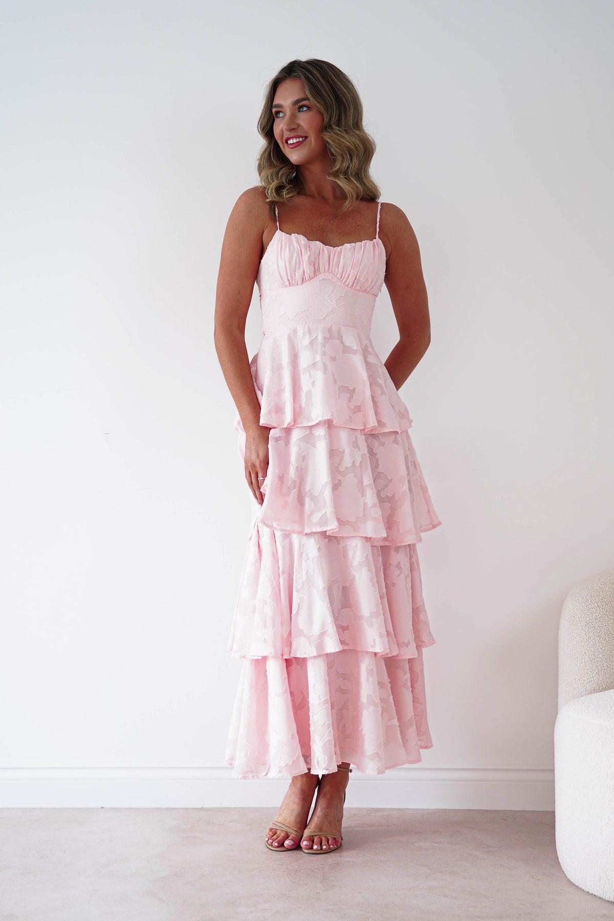 Patsy Floral Jacquard Tiered Maxi Dress | Blush-Oh Hello Clothing
