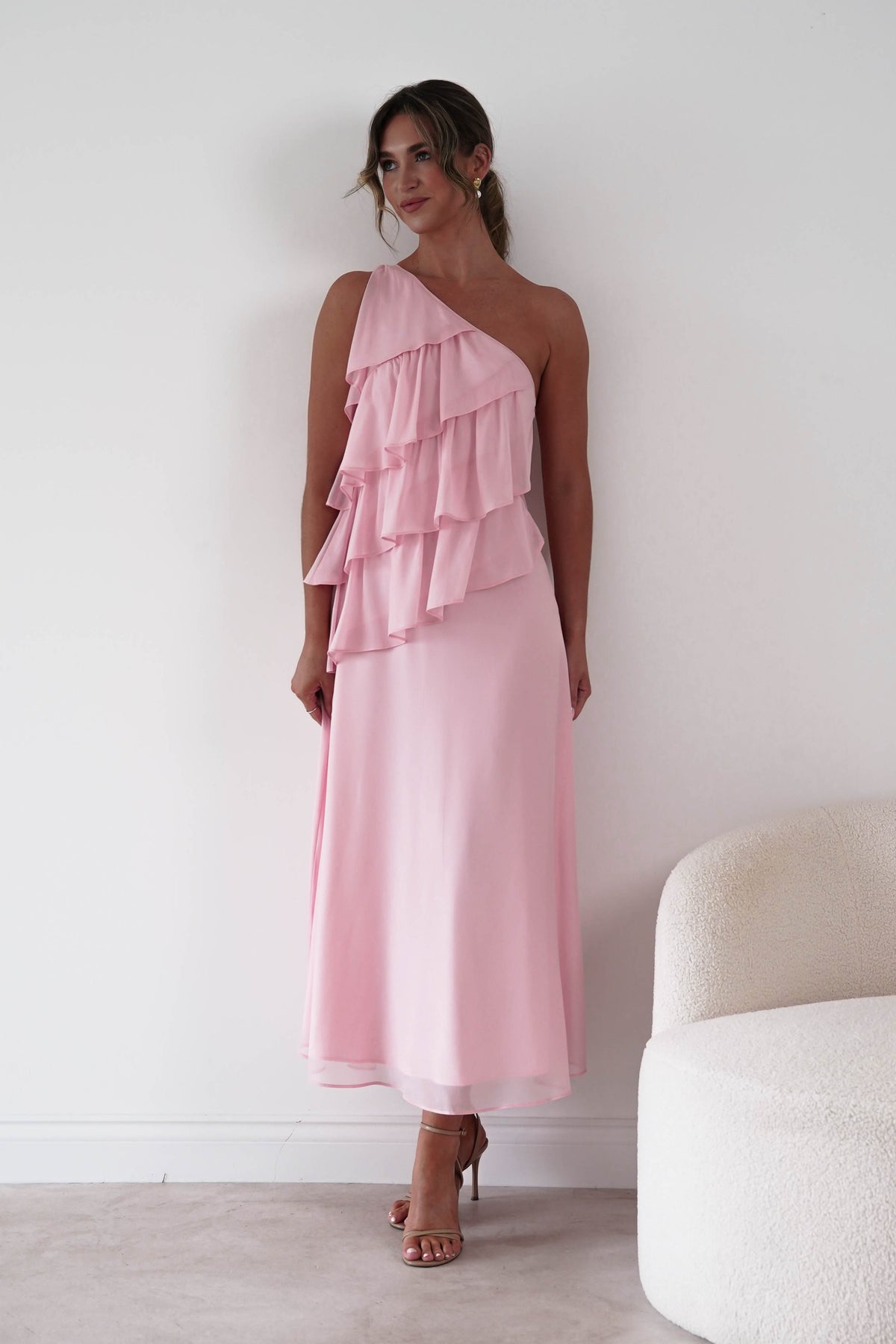 Peaches Asymmetric Ruffle Maxi Dress | Pink-Oh Hello Clothing
