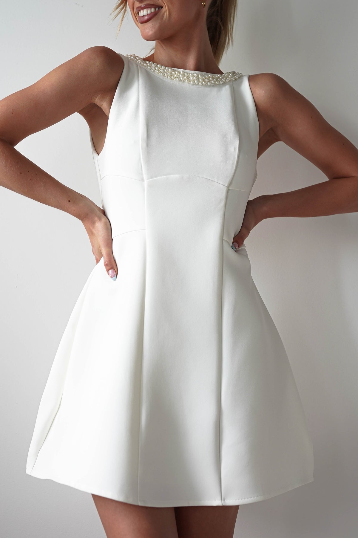 Polly Structured Pearl Detail Mini Dress | White-Oh Hello Clothing