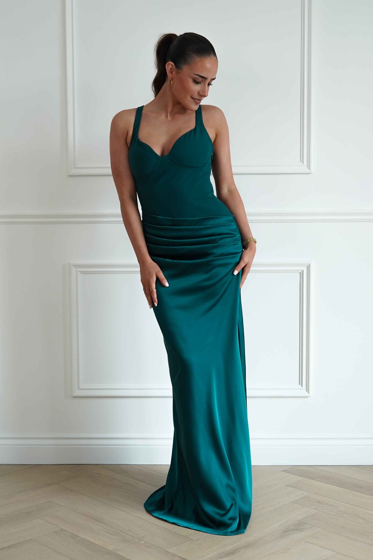 Rachel Structured Draped Maxi Dress | Emerald Green-Oh Hello Clothing