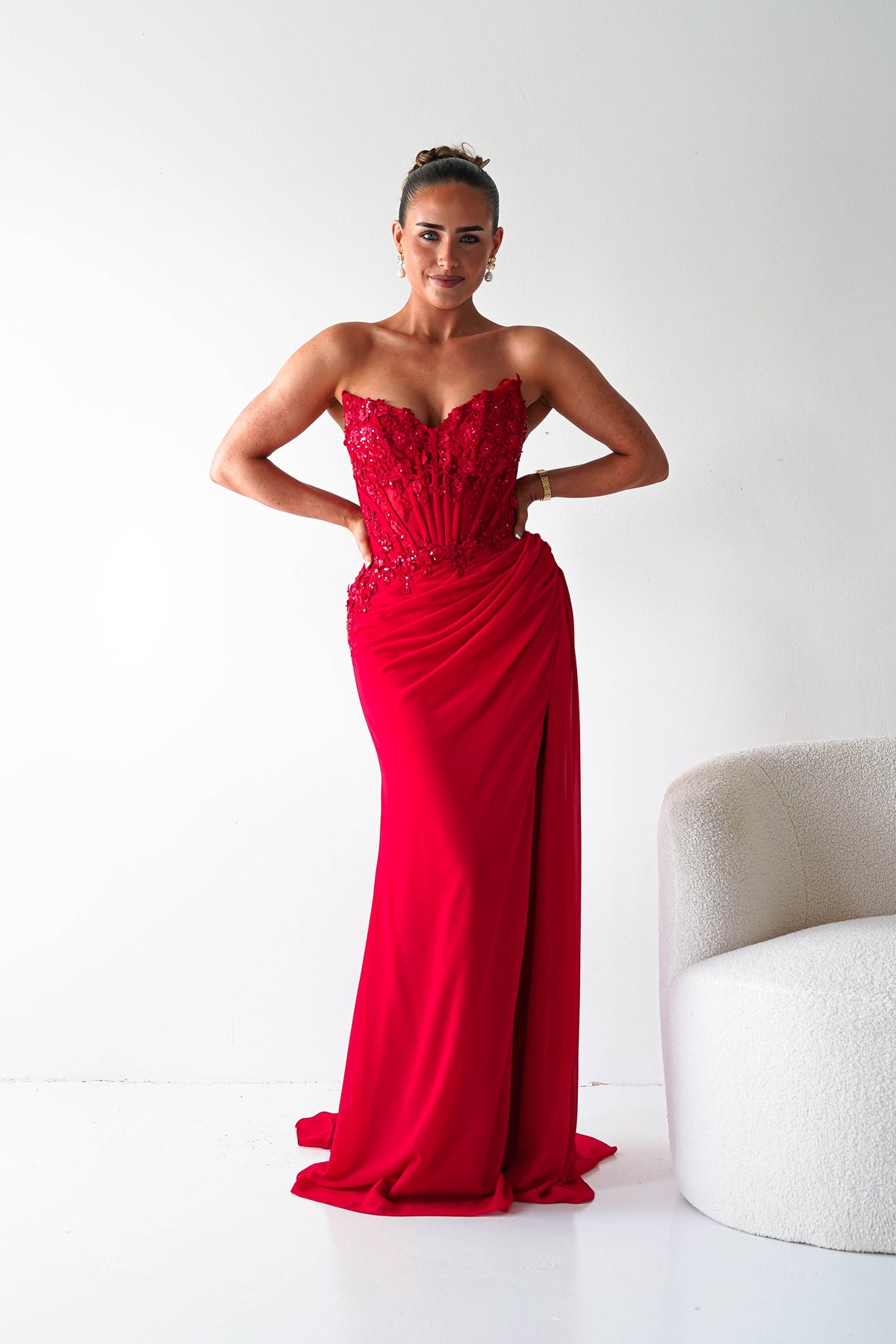 Ravina Strapless Lace Corset Maxi Gown | Red-Oh Hello Clothing
