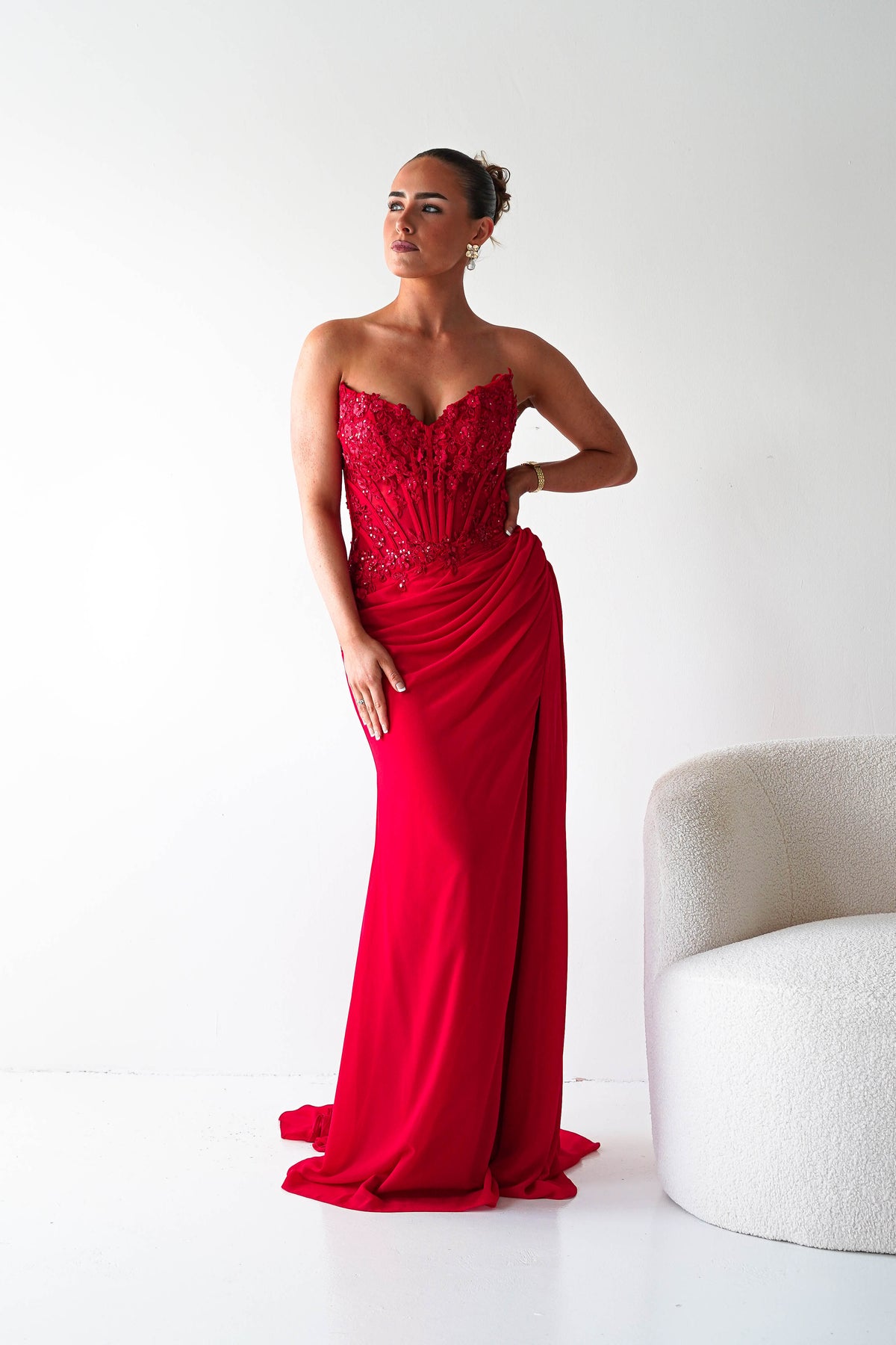 Ravina Strapless Lace Corset Maxi Gown | Red-Oh Hello Clothing