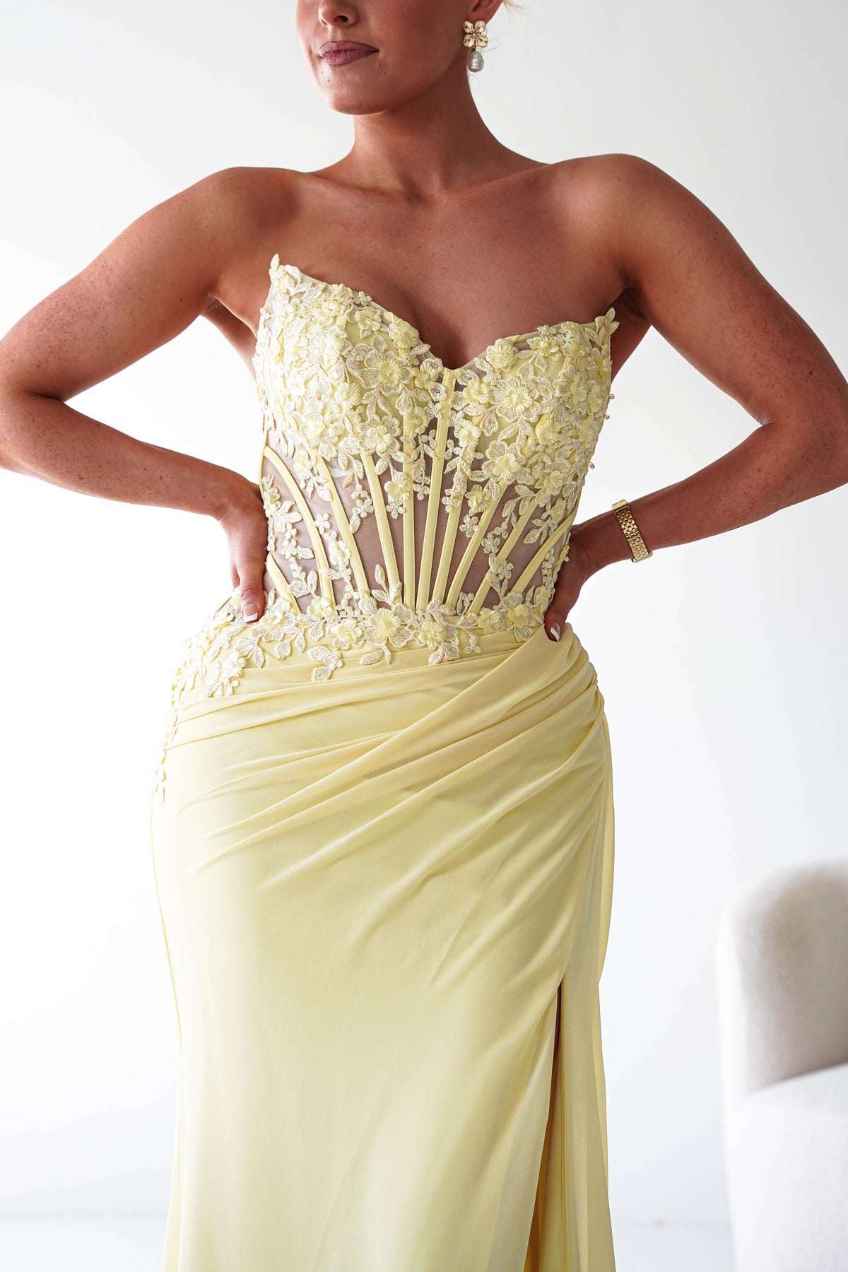 Ravina Strapless Lace Corset Maxi Gown | Yellow-Oh Hello Clothing