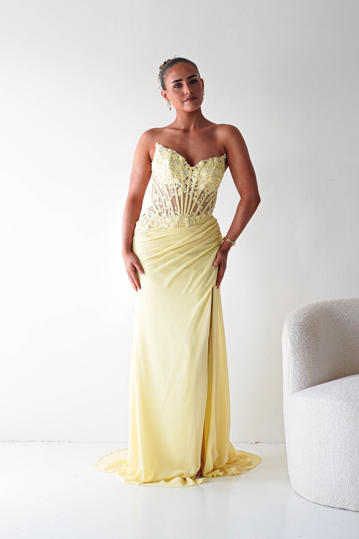 Ravina Strapless Lace Corset Maxi Gown | Yellow-Oh Hello Clothing