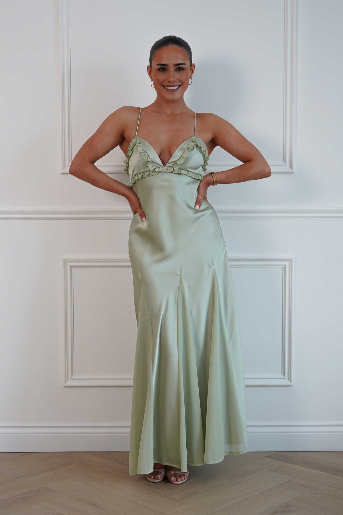 Remi Frill Trim Satin Maxi Dress | Sage-Oh Hello Clothing