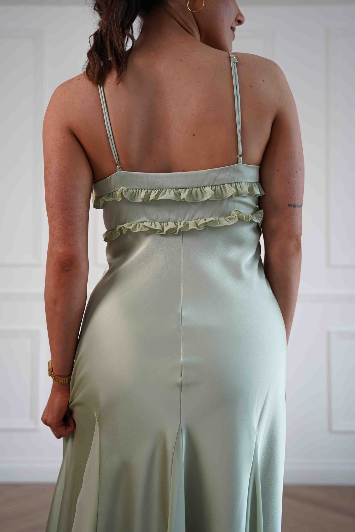 Remi Frill Trim Satin Maxi Dress | Sage-Oh Hello Clothing