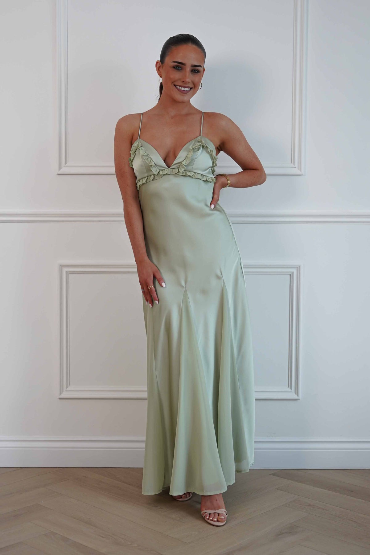 Remi Frill Trim Satin Maxi Dress | Sage-Oh Hello Clothing