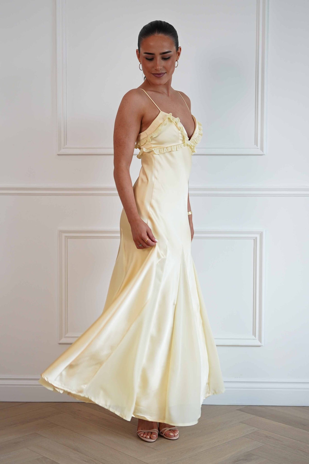 Remi Frill Trim Satin Maxi Dress | Yellow-Oh Hello Clothing