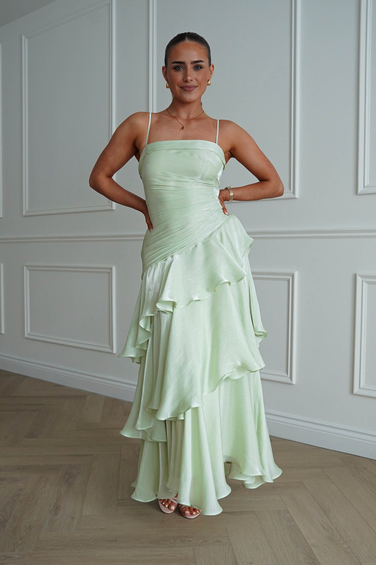 Renee Luminescent Ruffle Maxi Dress | Pistachio-Oh Hello Clothing