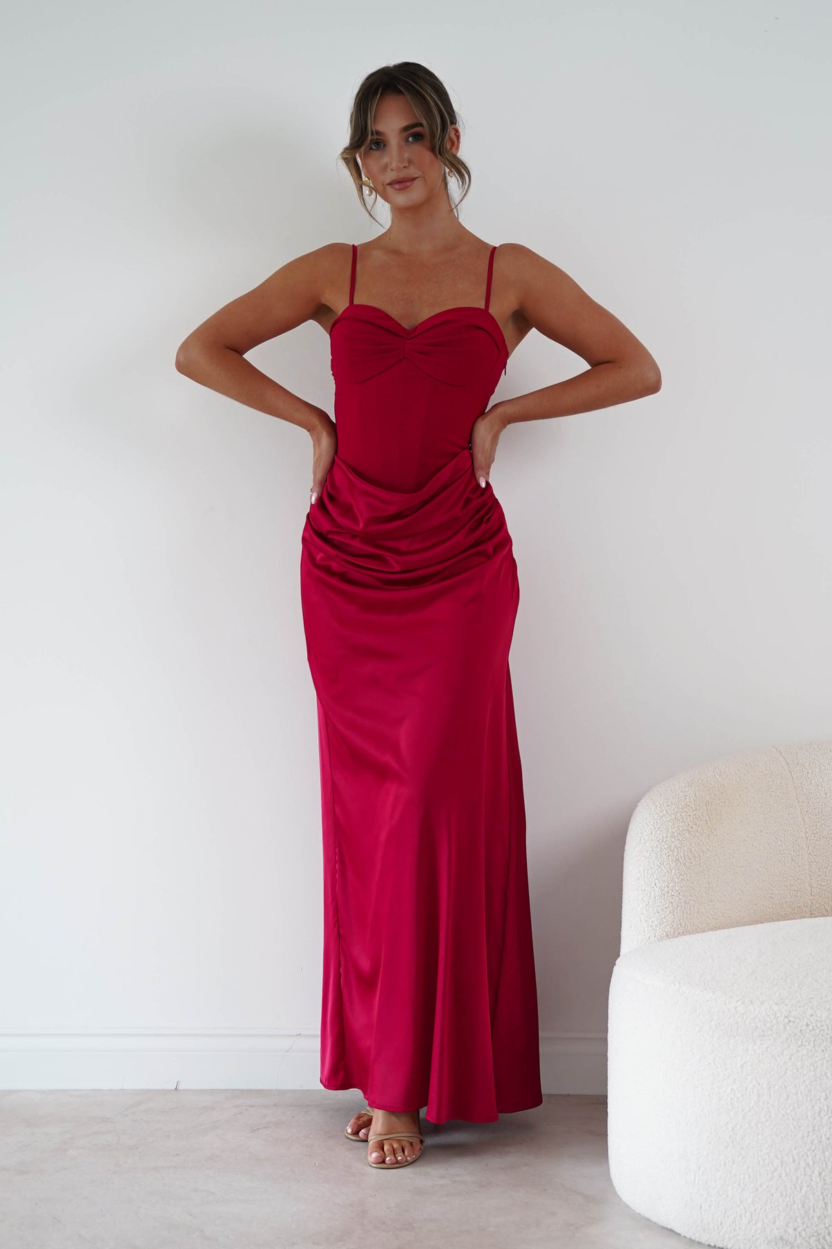 Rosa Satin Corset Draped Maxi Dress | Red-Oh Hello Clothing