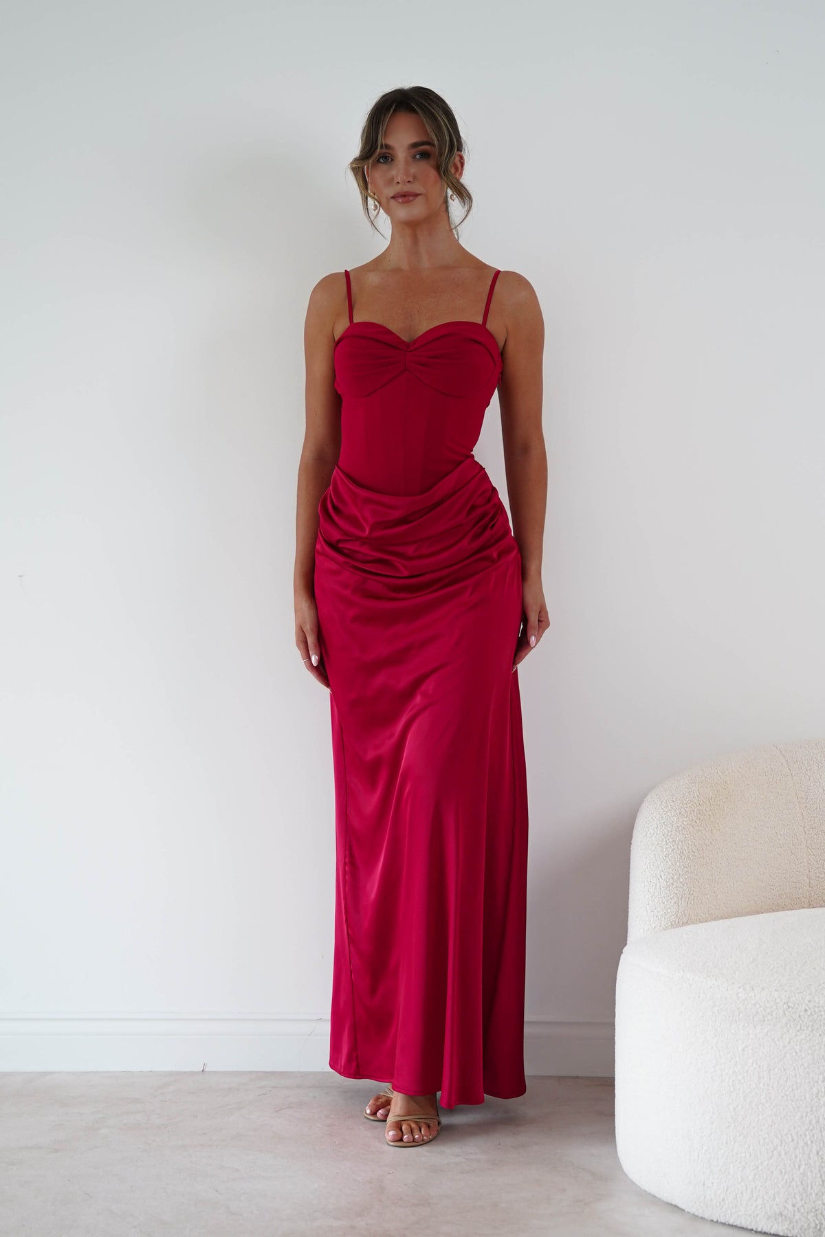 Rosa Satin Corset Draped Maxi Dress | Red-Oh Hello Clothing