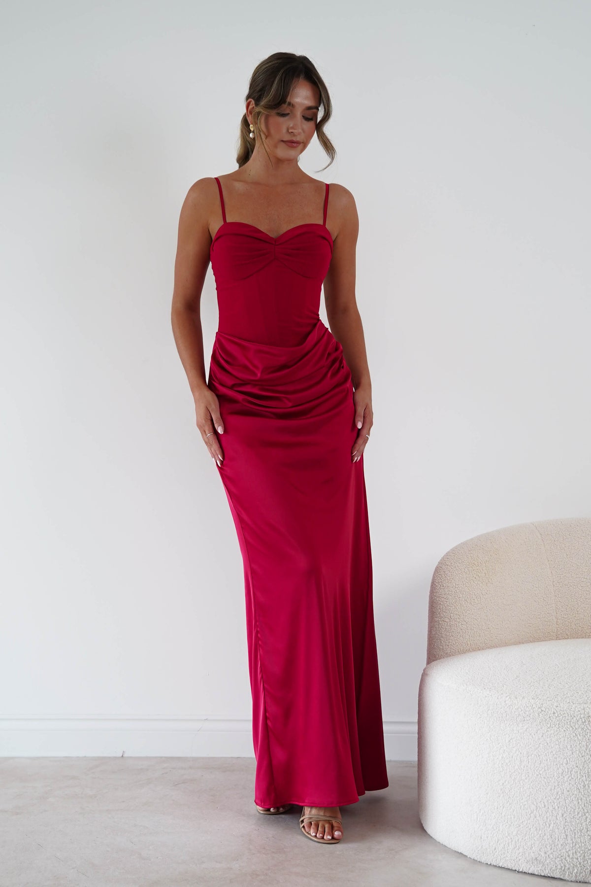 Rosa Satin Corset Draped Maxi Dress | Red-Oh Hello Clothing
