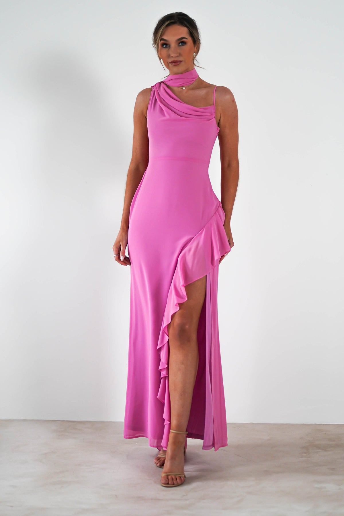 Rosella Ruffle Detail Maxi Dress | Fuchsia-Oh Hello Clothing