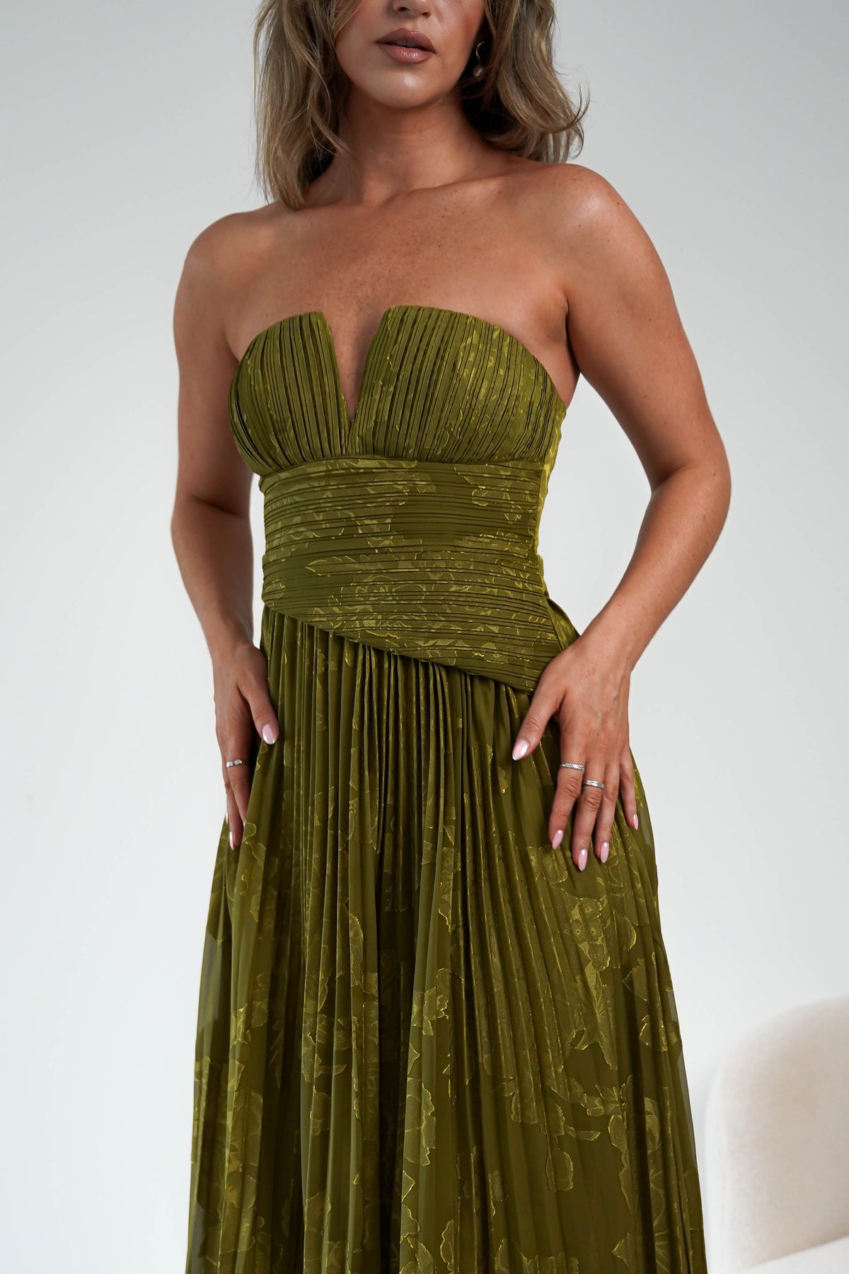 Rubi Floral Textured Ruffle Pleated Maxi Dress | Green-Oh Hello Clothing