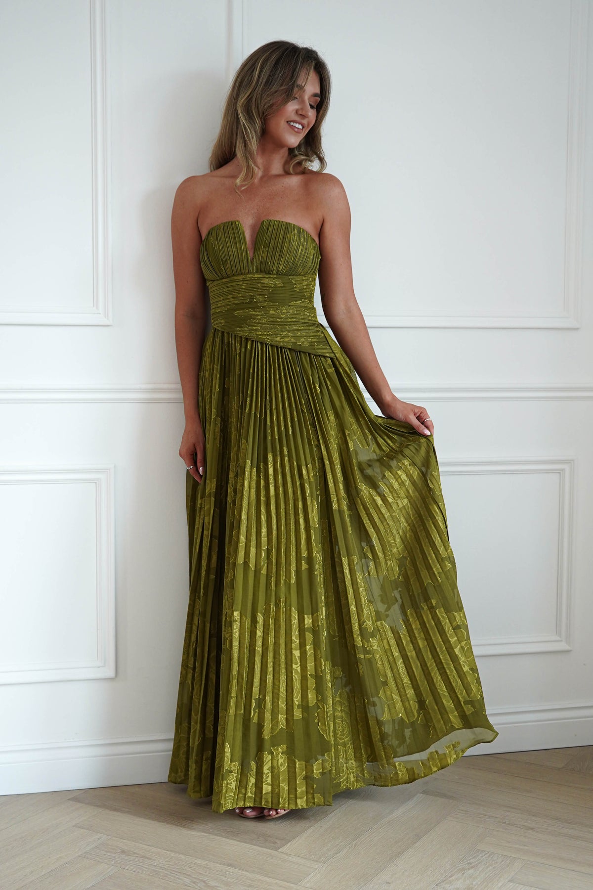 Rubi Floral Textured Ruffle Pleated Maxi Dress | Green-Oh Hello Clothing