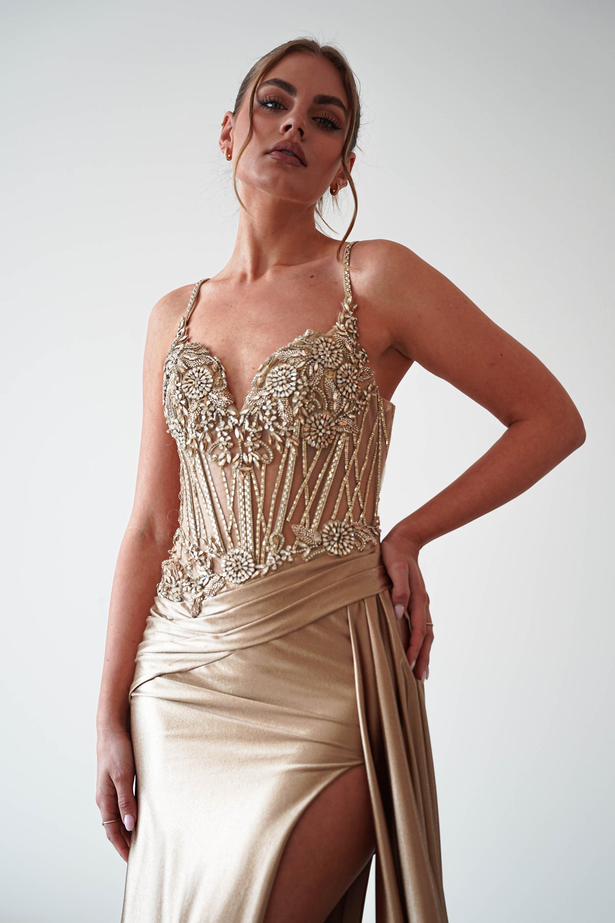 Sahara Embellished Corset Satin Gown | Dark Gold-Oh Hello Clothing